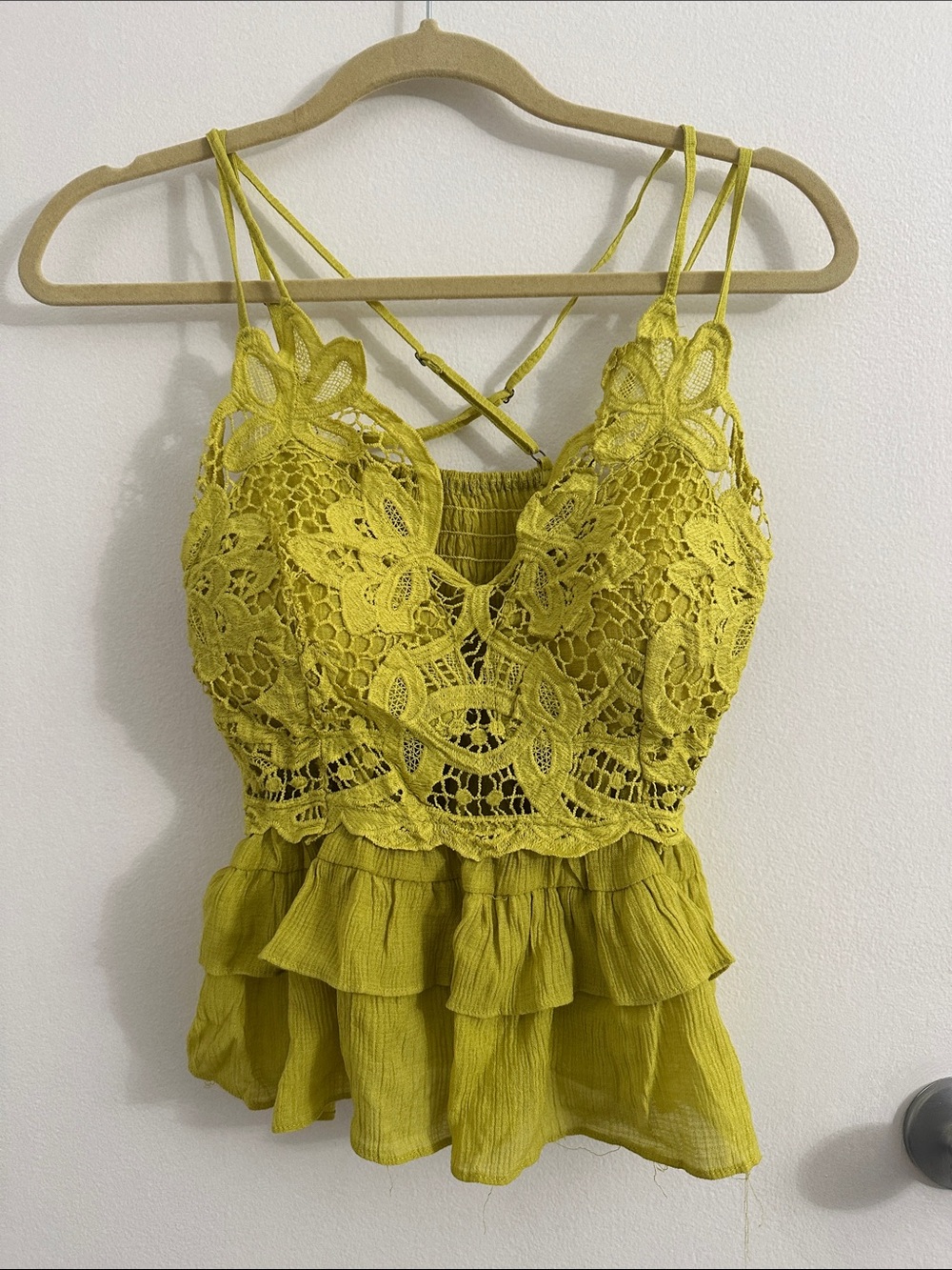Lace Crochet Ruffle Tank Top - Yellow